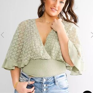 Gimmicks Buckle Lace Smocked V Neckline Top Blouse XS